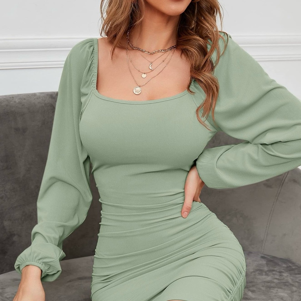 NWOT SHEIN Sage Green Ruched Mini Dress Size L Square Neck Bodycon Long Sleeve